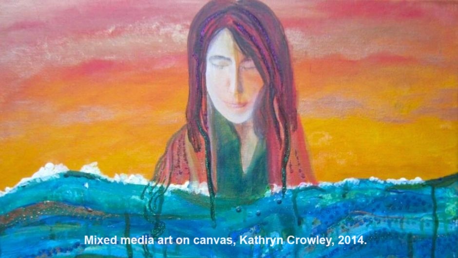 Painting of a woman looking down at sea waves. Orange background. I used acrylic paint and mixed media on canvas.