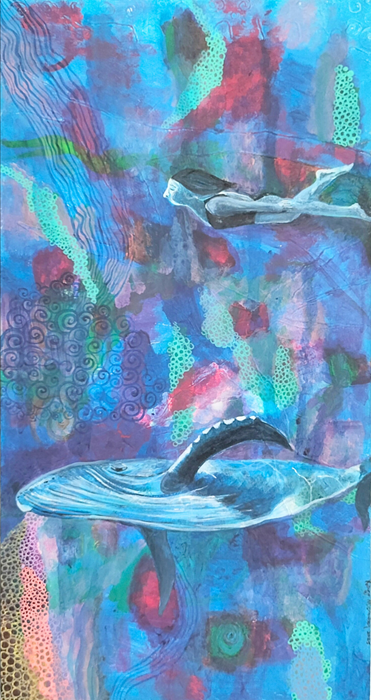 A whale with a woman swimming overhead. The background is a colourful, abstract blend of blue-purple tones and intricate abstract details.