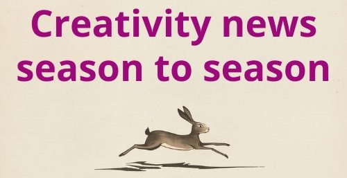 An Irish hare is running, legs outstretched. Text reads "Creativity news season to season".