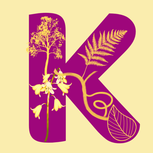 The letter K decorated with ferns, leaves, and plants. Th K is wine colour and the surround and details are a pale yellow. Design by Kathryn M Crowley Ireland