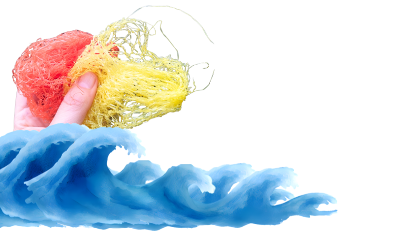 I am holding two pieces of plastic netting. one yellow, one orange. Under the photo is graphic design of sea waves.