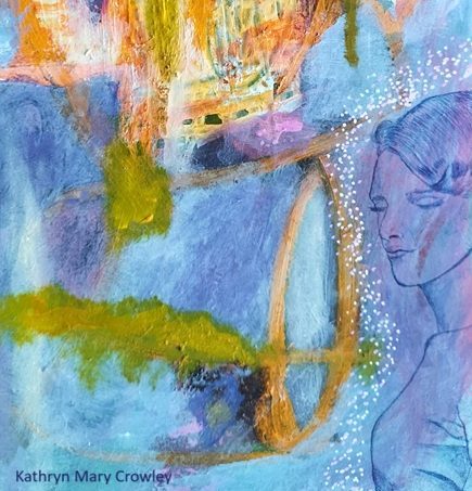 A woman drawn in pen. She is surrounded by white dots of light and lots of abstract, colourful marks. The pain has scratches and textures on the surface.