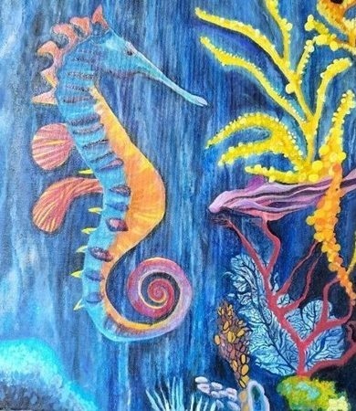 A seahorse, octopus, coral, and other sea plants in vibrant colours. Oils on canvas.