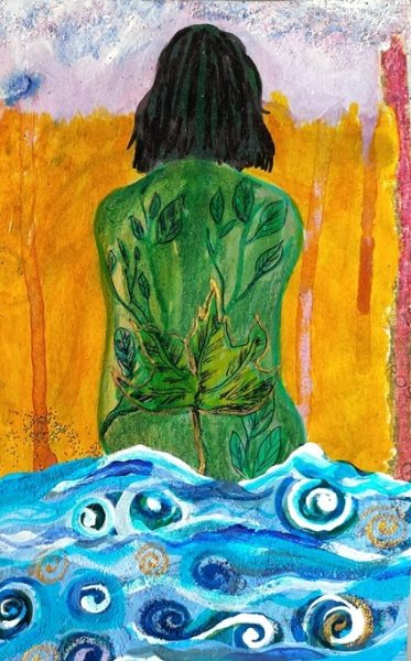 Woman with green skin and leaves. Sea waves and spirals. Surreal, colourful art.