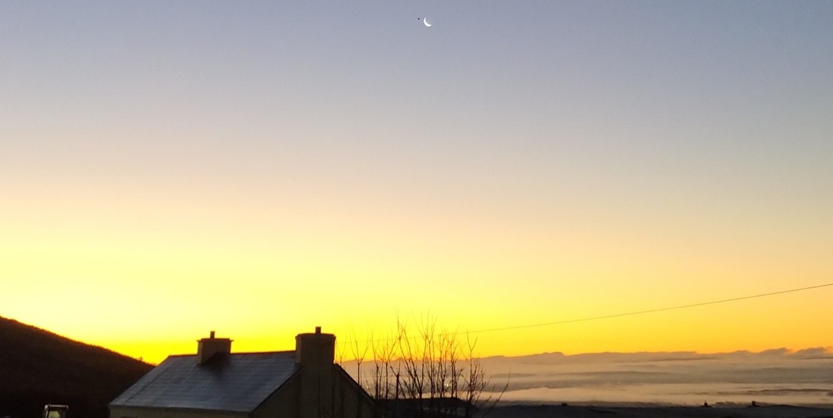 Yellow dawn sky, a house rooftop, new moon, and trees. It is Winter. 