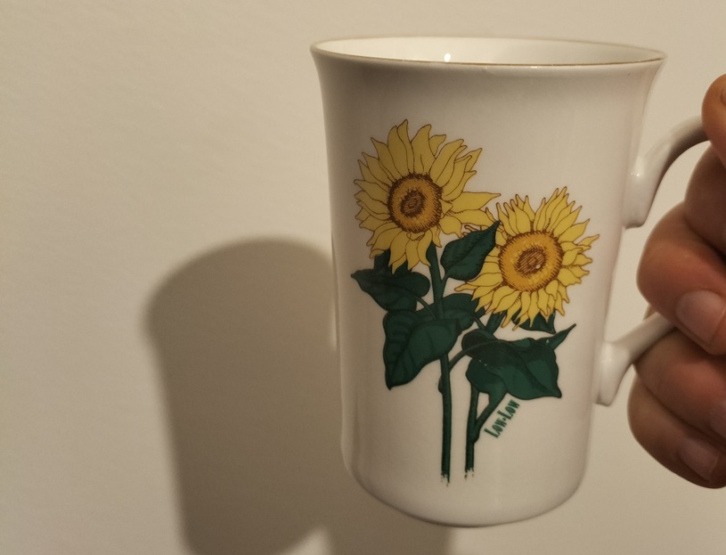 I am holding a mug with two sunflowers printed on it. 