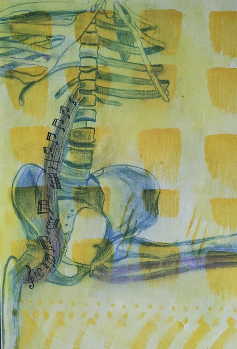 Section of a dancing skeleton drawing in blue pencil. Music notes are on the spine, drawing in pen. A pattern of painted squares that are not perfect squares are painted in yellow. Original hand-created art by Kathryn Mary Crowley. 